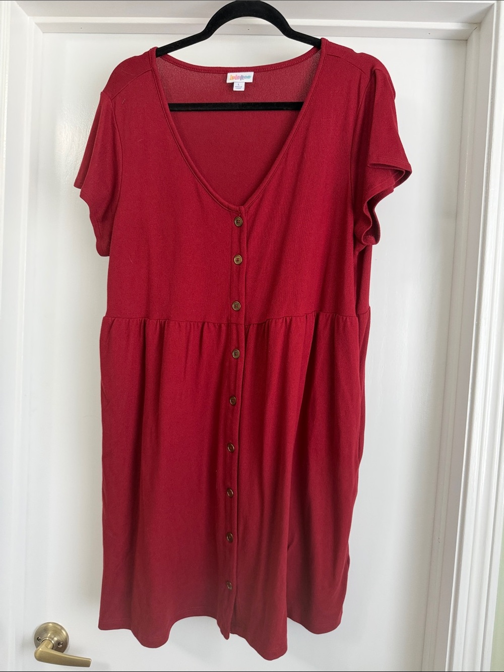 LuLaRoe Heidi Women's Red Button-Front Casual Dress - Soft V-Neck Large L